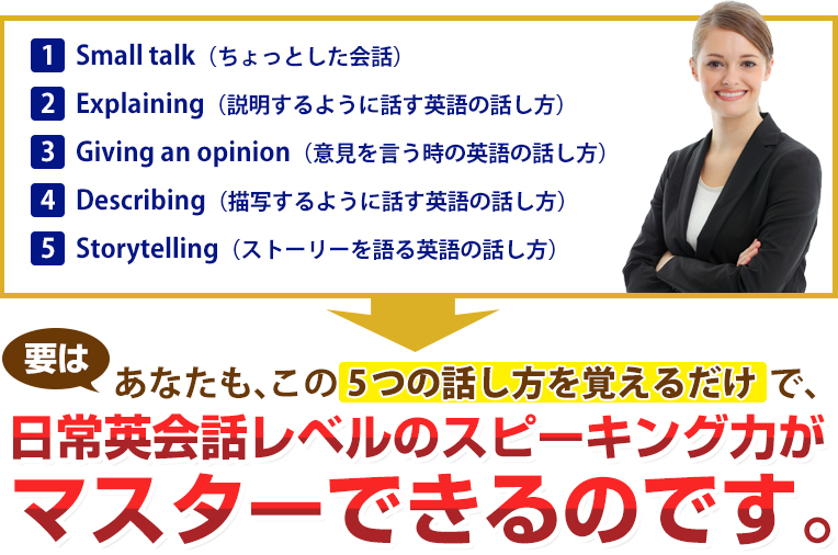 要は、あなたも、この5つの話し方を覚えるだけで、ネイティブレベルのスピーキング力がマスターできるのです。