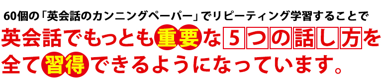 60個の「英会話のカンニングペーパー」でリピーティング学習することで、英会話でもっとも重要な5つの話し方を全て習得できるようになっています。